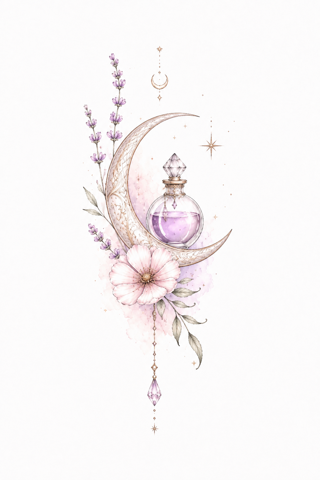 Crescent Infusion ornate crescent moon cradling a round elixir bottle in Original Watercolor.