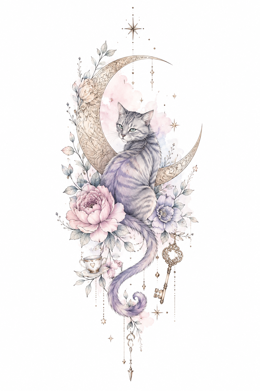 Moonlit Mischief storybook cat resting within an ornate crescent moon among peonies in Original Watercolor.