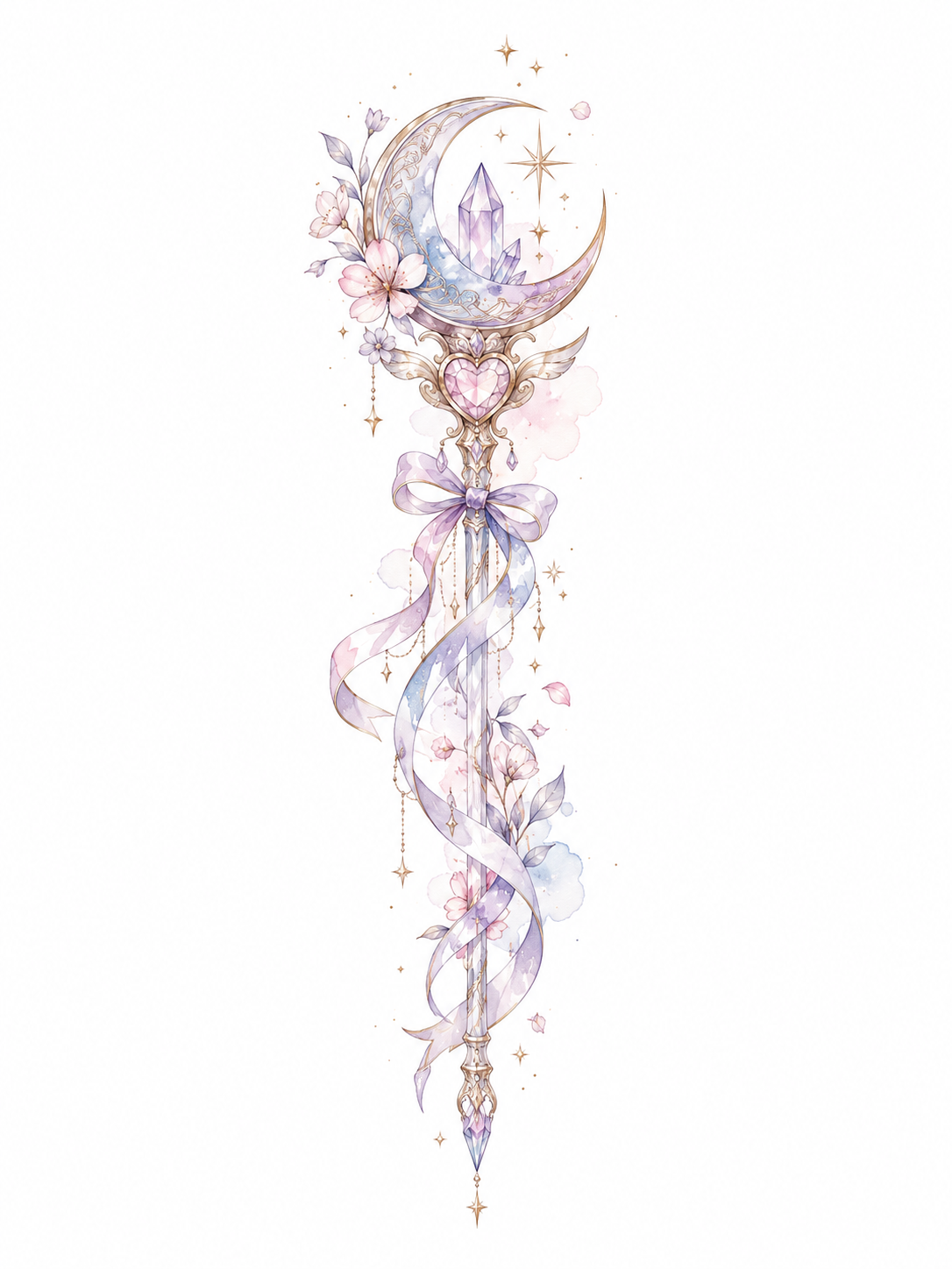 Ribbonbound Starlight crescent-topped wand entwined with celestial ribbons and blossoms in Original Watercolor.