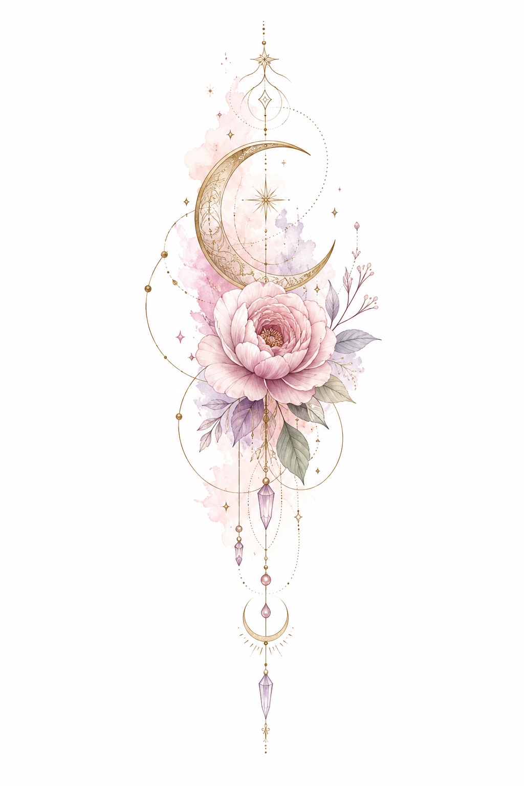 Gilded Devotion gilded crescent moon and peony design in Original Watercolor.