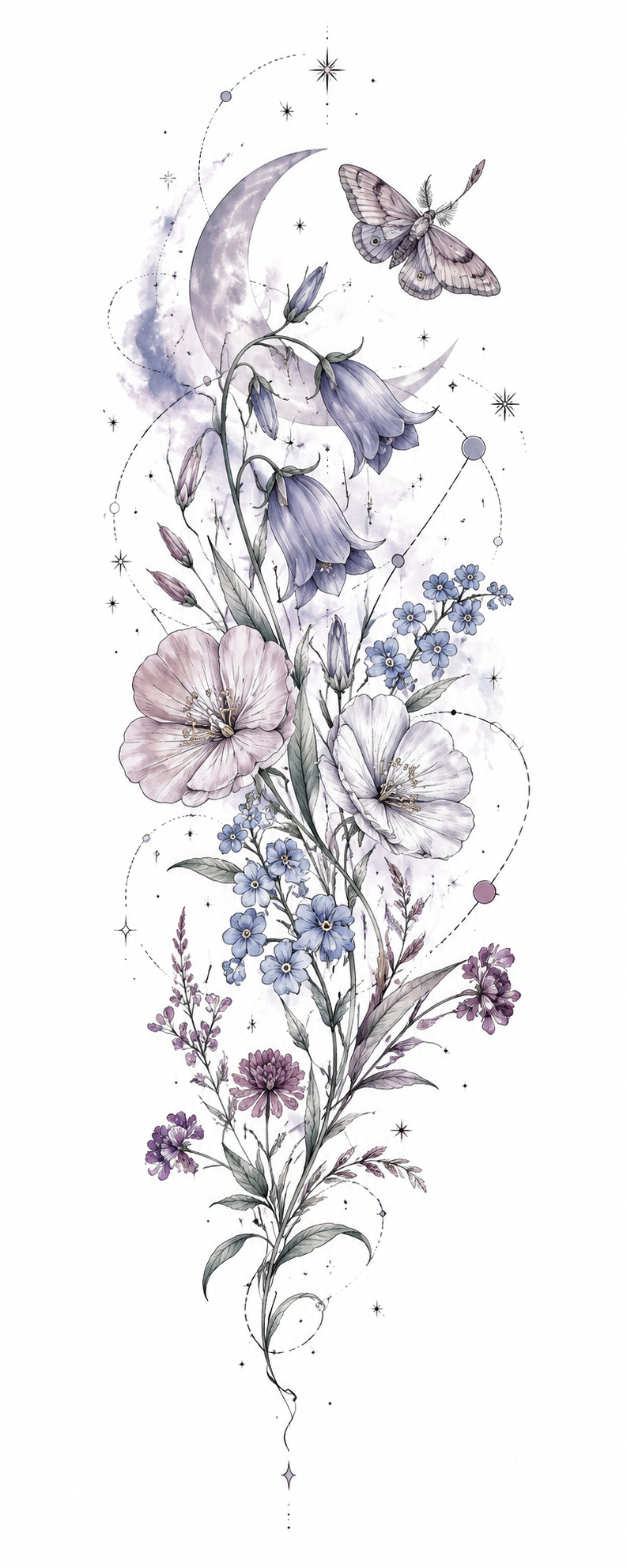Original Watercolor — Nocturne in Bloom crescent moon, moth and wildflower artwork
