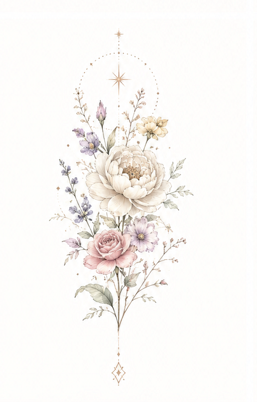 Pearled Petals peony, rose and cosmos bouquet design in Original Watercolor.