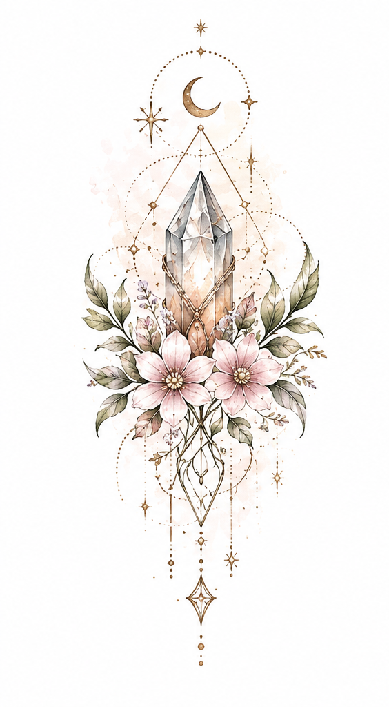 Rooted Starlight crystal, flowers and celestial artwork in Original Watercolor.