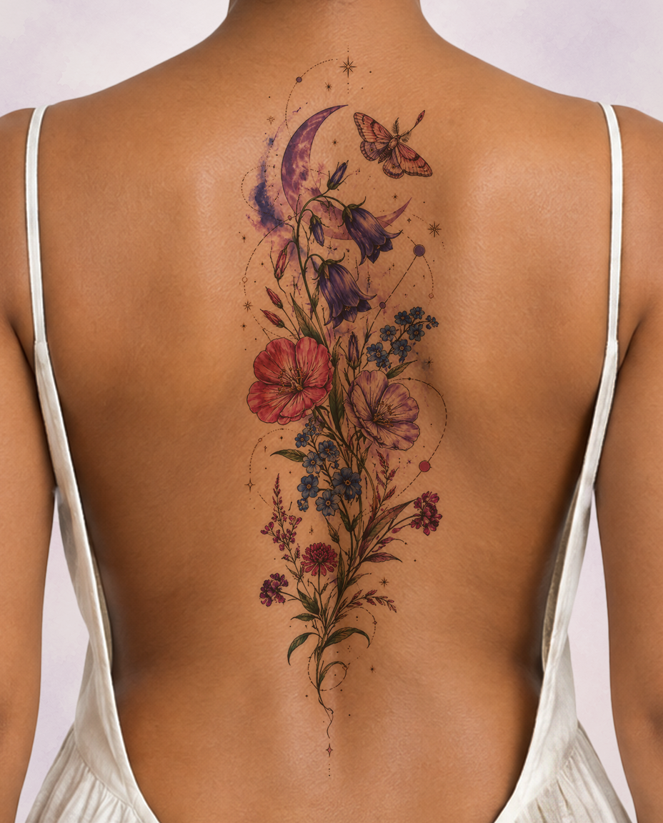 Nocturne in Bloom Vivid Watercolor temporary tattoo — crescent moon, moth and wildflower spray worn along the spine.