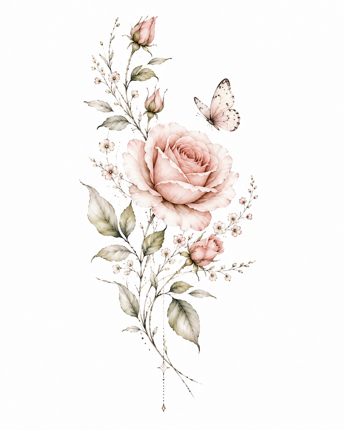 Rosewing rose, buds and butterfly design in Original Watercolor.