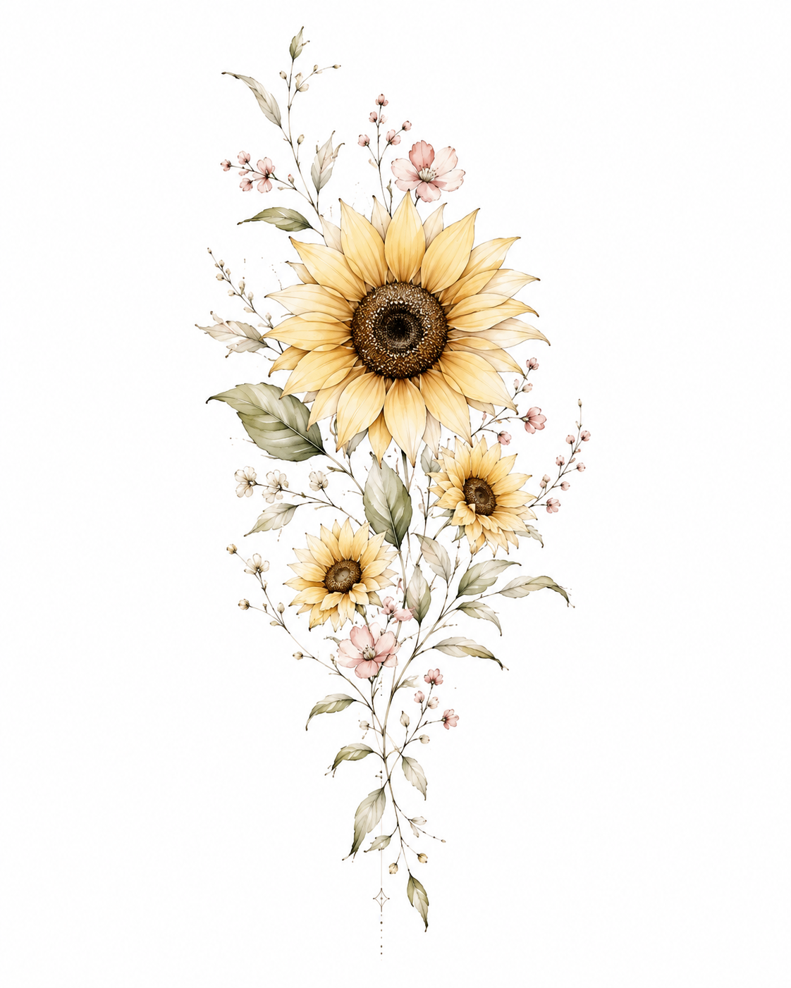 Golden Ascent rising sunflower and blossom column design in Original Watercolor.