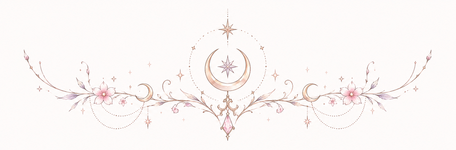 Celestial Blossom Arc symmetrical arc of blossoms, crescents, stars and a central crystal in Original Watercolor.