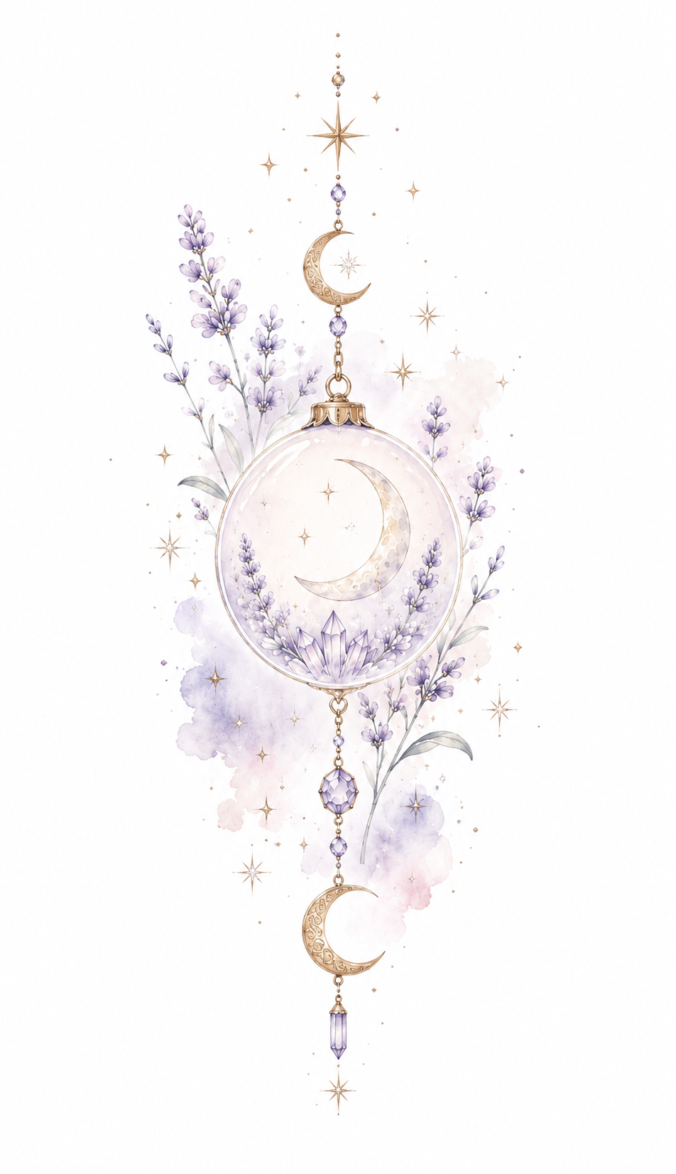 Lunar Keepsake moon locket and lavender design in Original Watercolor.
