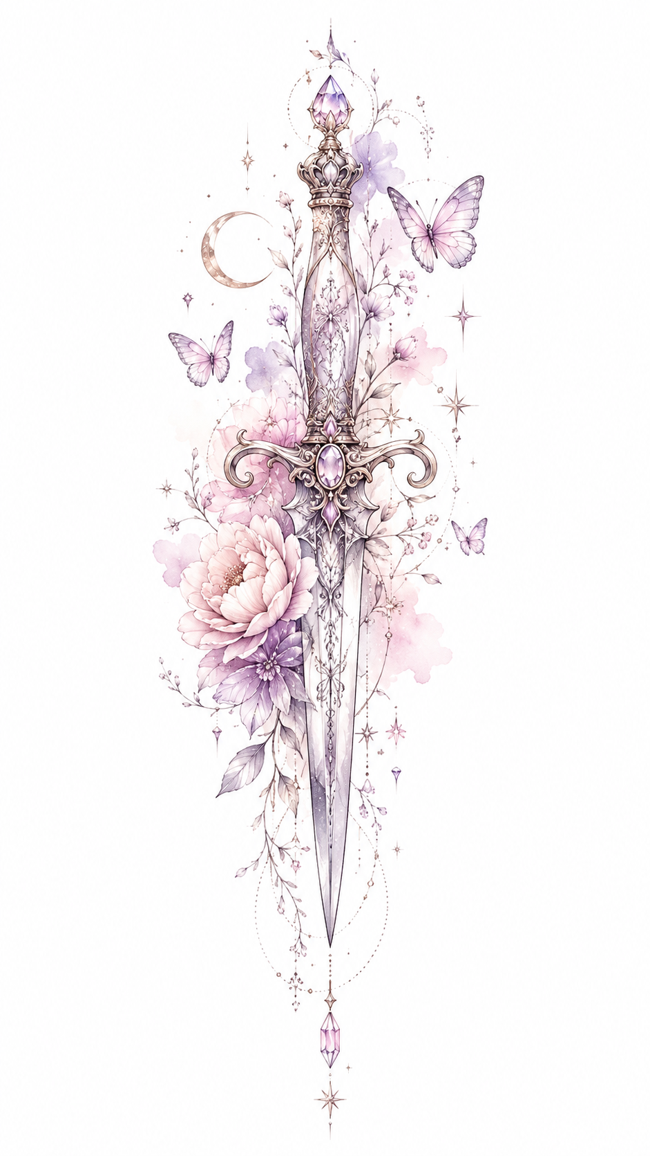 Tender Oath ornamental sword framed by peonies, butterflies, a crescent and crystal drops in Original Watercolor.