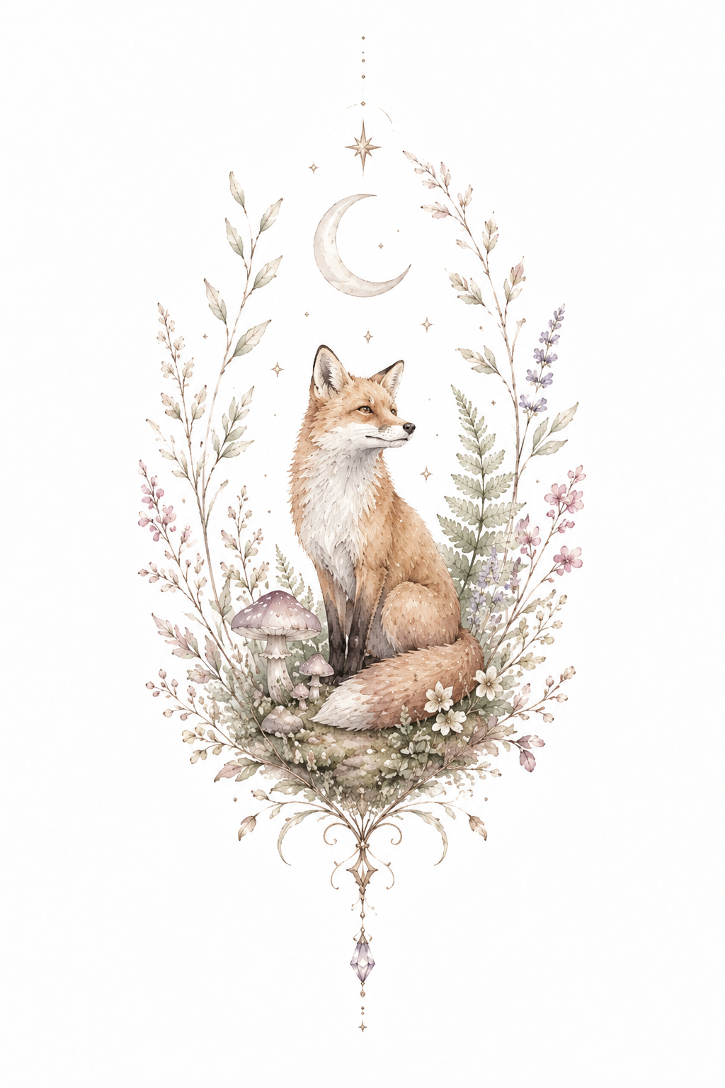 Quiet Familiar fox, moon and woodland botanical artwork in Original Watercolor.