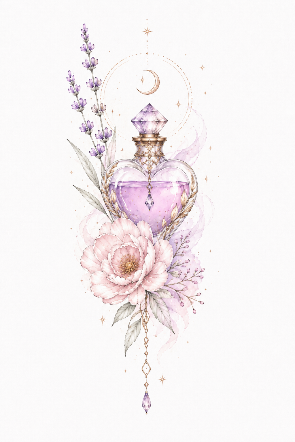 Bottled Devotion heart-shaped elixir bottle with peony, lavender and wheat in Original Watercolor.
