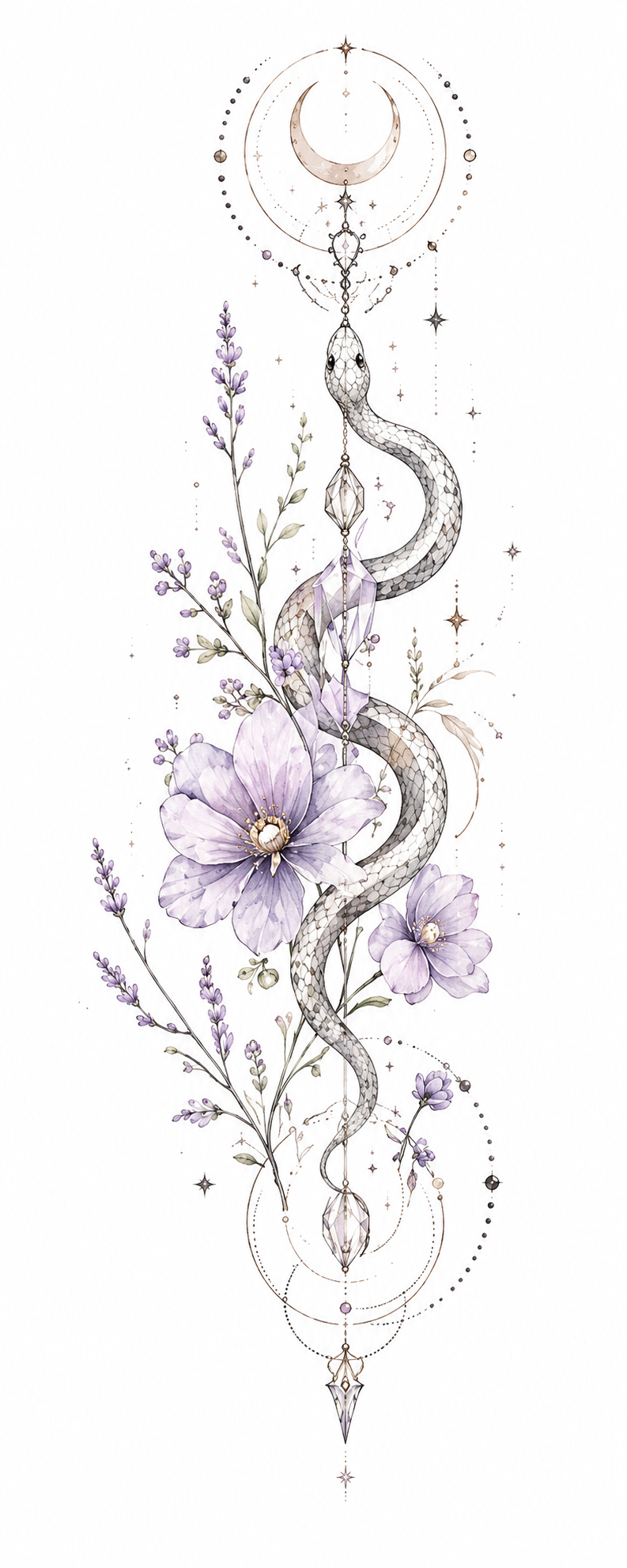 Moonflower Coil coiled serpent with anemones, lavender and hanging crystals beneath a crescent in Original Watercolor.