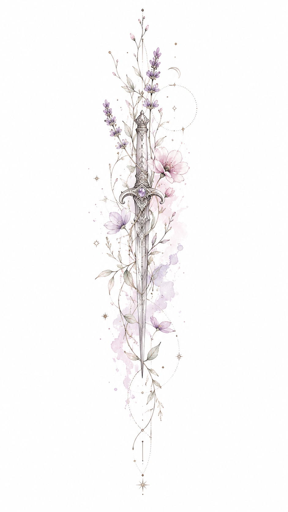 Quiet Steel slender ornamental dagger threaded with lavender, cosmos and fine celestial lines in Original Watercolor.