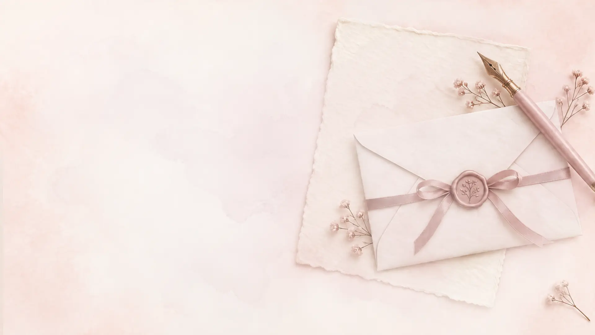A wax-sealed blush envelope and rose-gold fountain pen on deckled paper with delicate flowers