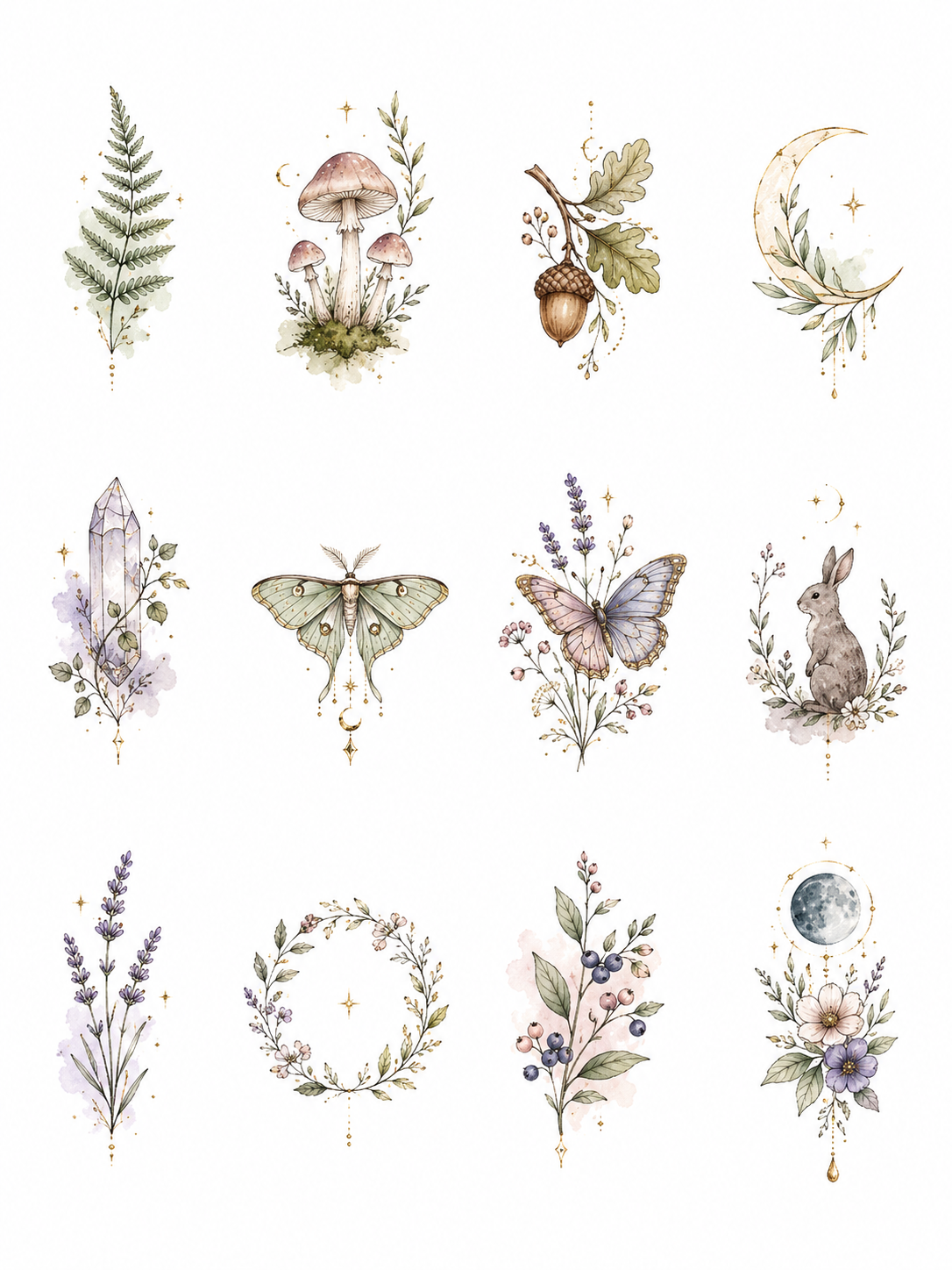 Tiny Enchantments flash sheet of twelve tiny woodland and celestial motifs in Original Watercolor.