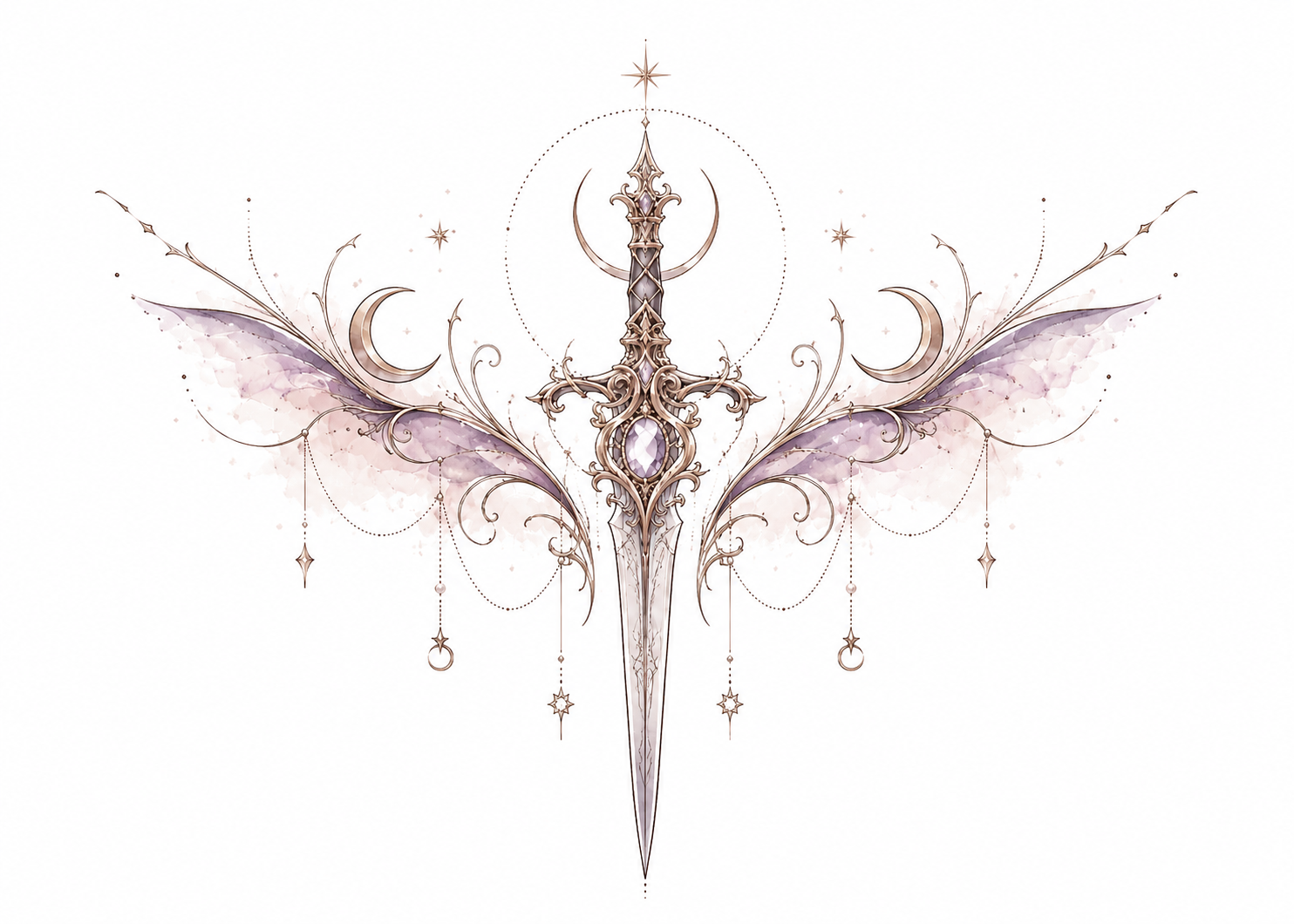 Wings at Dusk jewelled ornamental blade framed by wing-like flourishes, crescents and celestial charms in Original Watercolor.