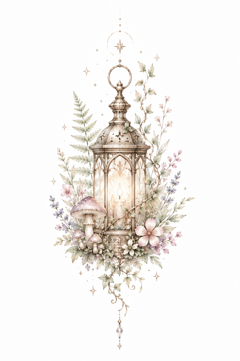 Wildwood Glow glowing lantern and woodland botanical artwork in Original Watercolor.