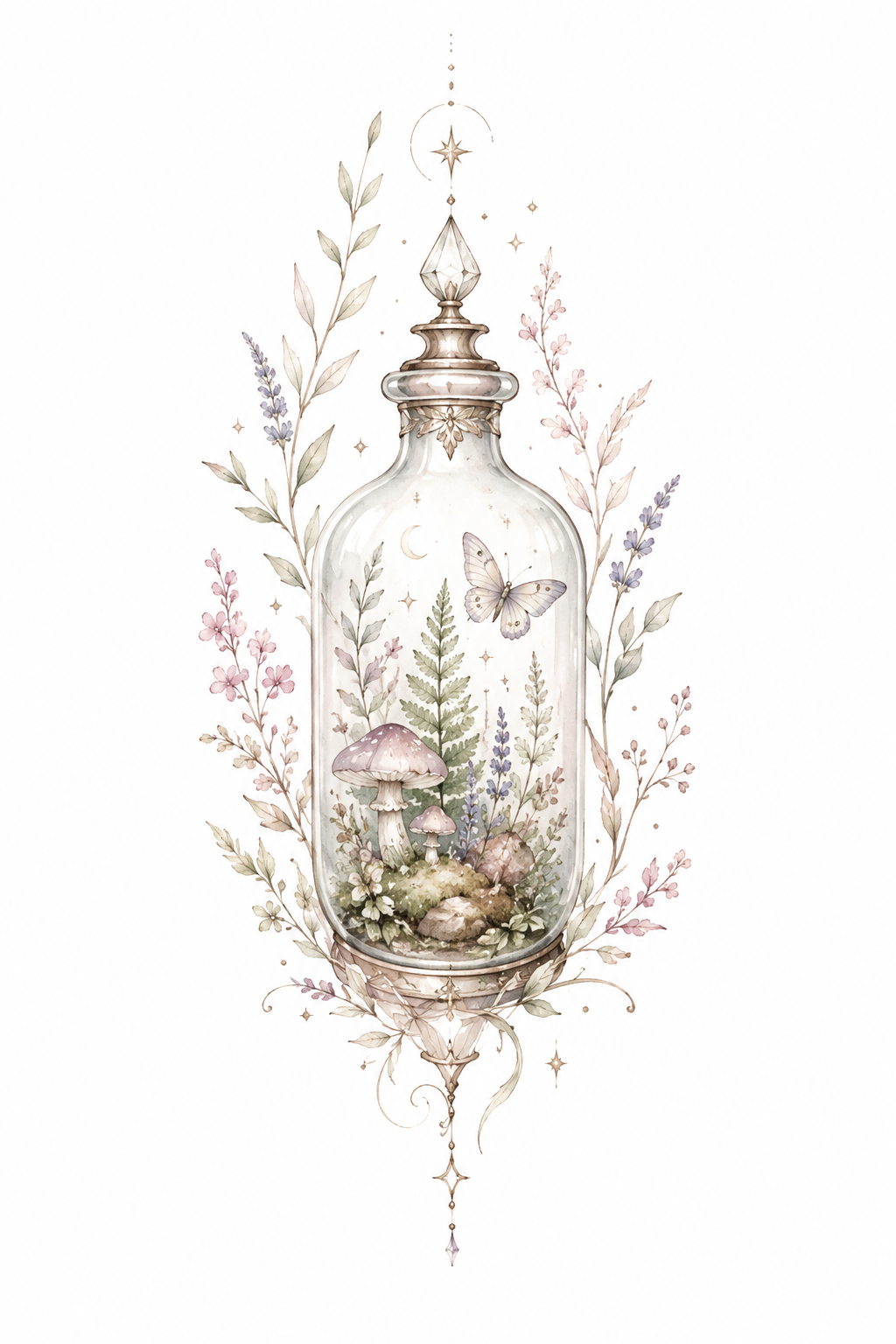 Glassbound Garden glass terrarium and woodland garden artwork in Original Watercolor.