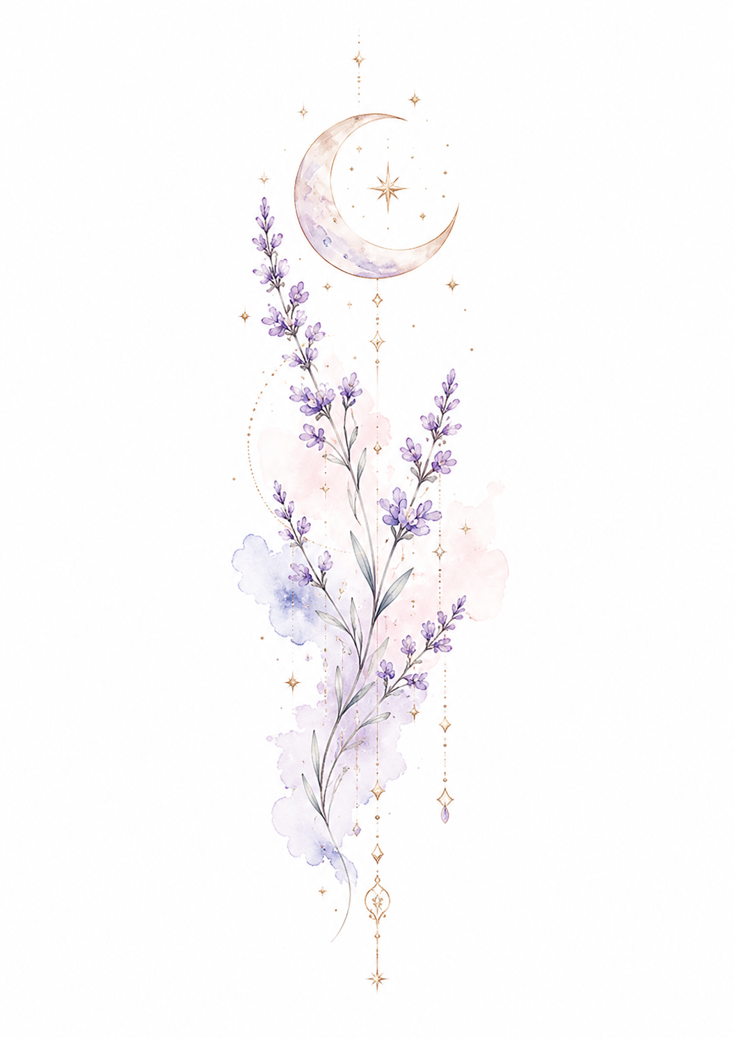 Lavender Moonfall crescent moon and trailing lavender design in Original Watercolor.