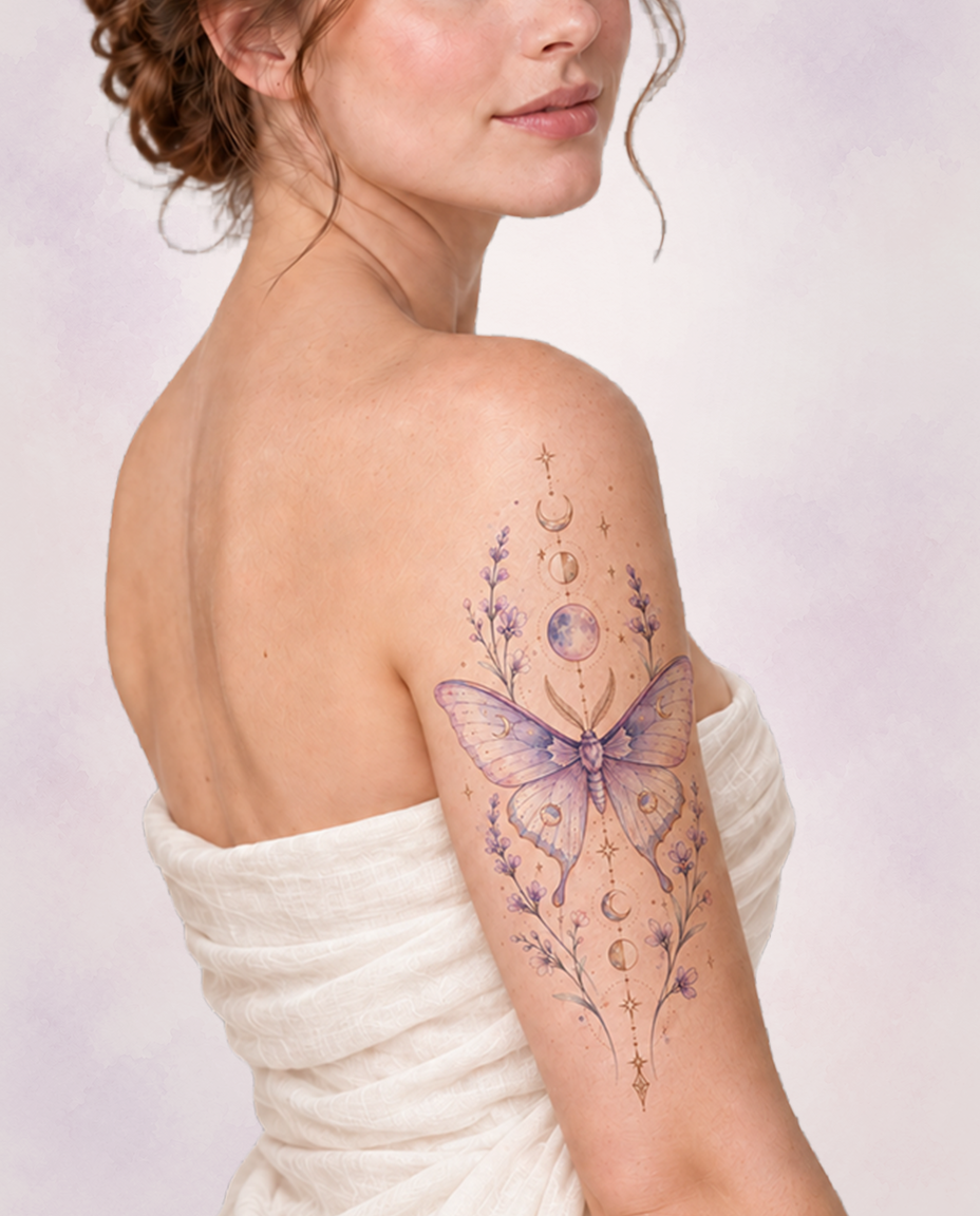 Winged Reverie Original Watercolor temporary tattoo shown on a woman's upper arm against a lavender-blush watercolor backdrop.