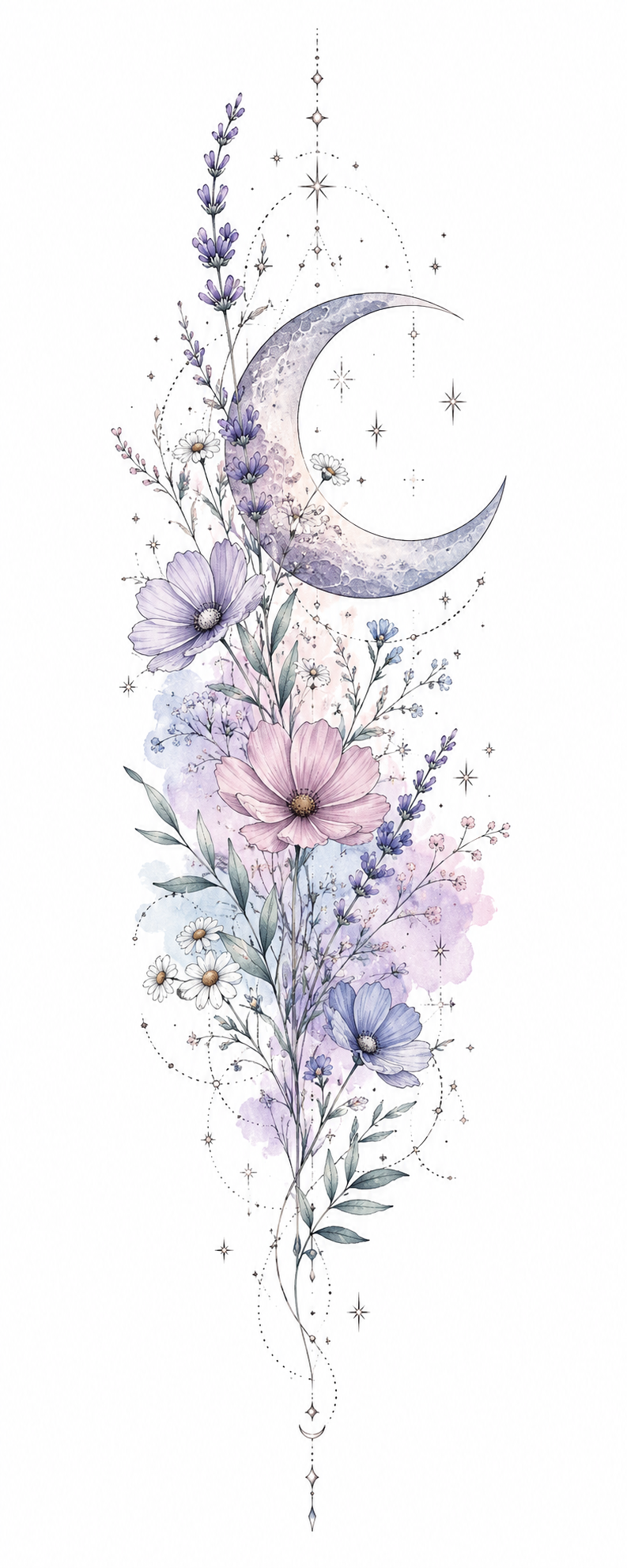 Original Watercolor — Moonlit Reverie crescent moon and wildflower artwork