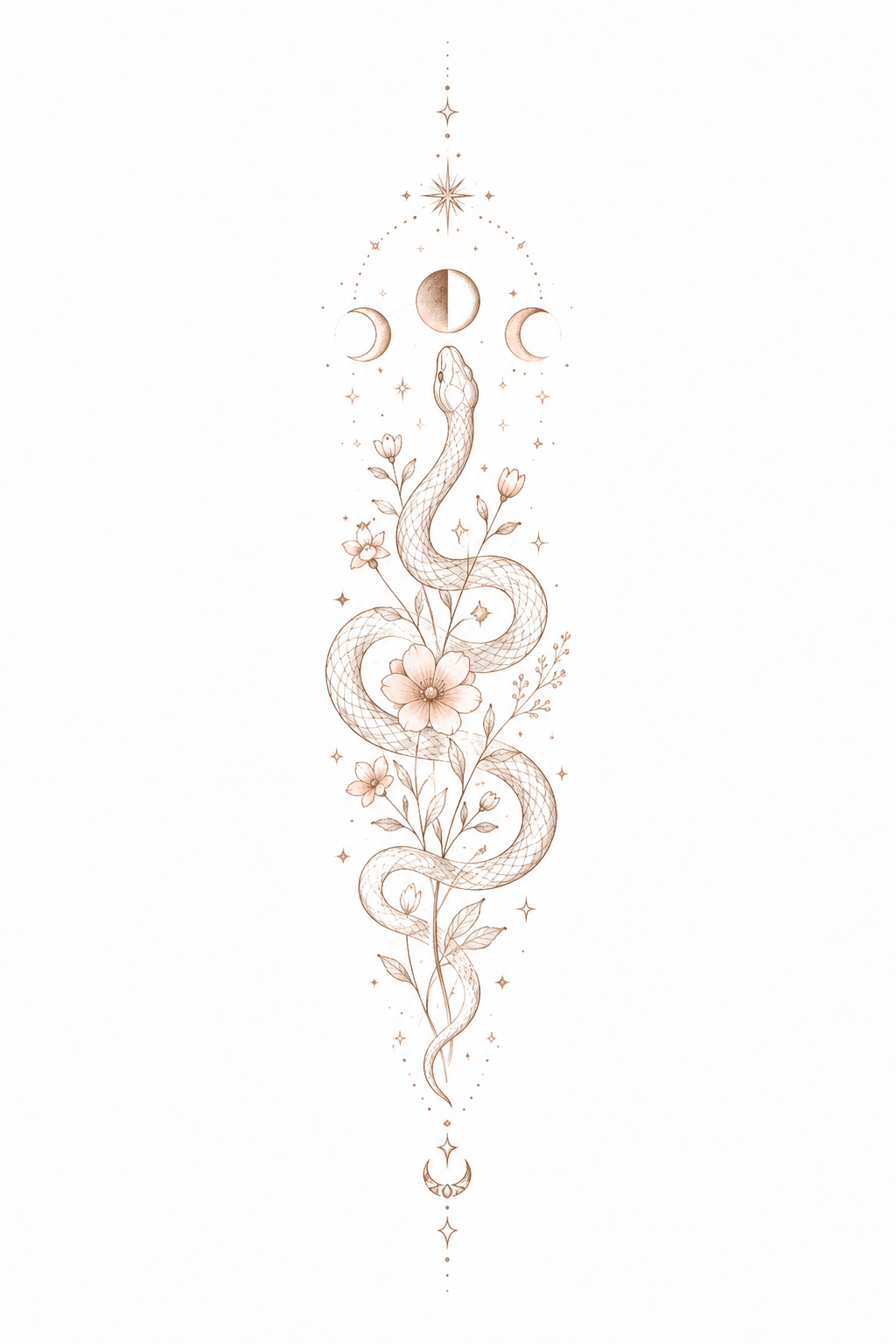 Silent Orbit slender celestial serpent winding through wildflowers beneath lunar phases in Original Watercolor.