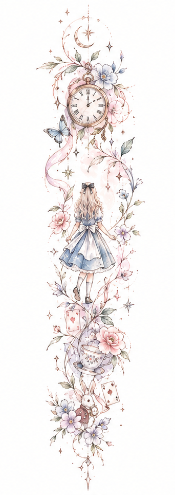 Where Time Wanders wandering storybook figure beneath an antique suspended clock with florals and a white rabbit in Original Watercolor.
