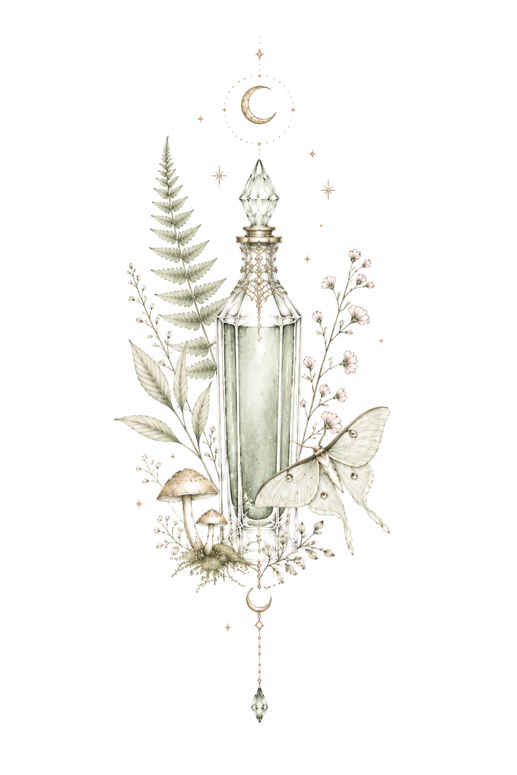 Fernlit Vessel ornate vessel, fern and luna moth artwork in Original Watercolor.