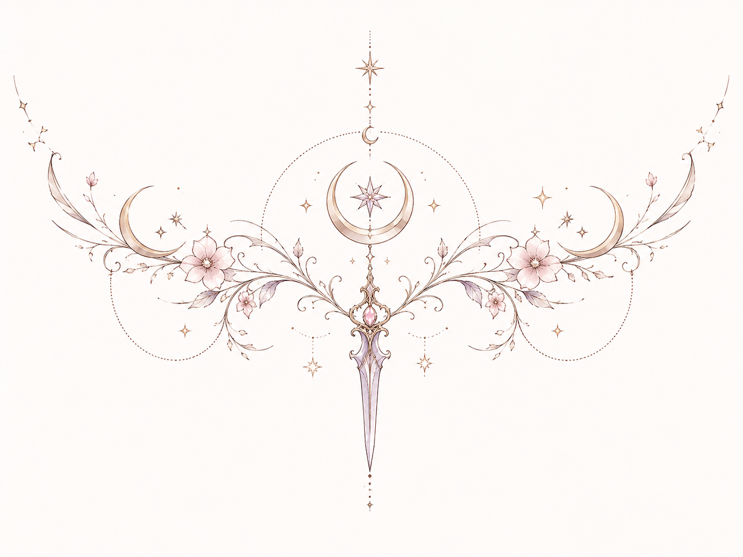 The Lunar Oath symmetrical celestial blade with mirrored botanical flourishes and crescent moons in Original Watercolor.