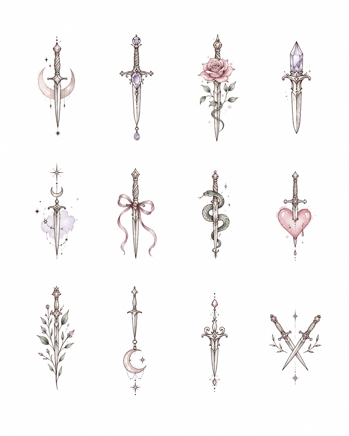 The Blade Edit flash sheet of twelve mini dagger-inspired designs in Original Watercolor.