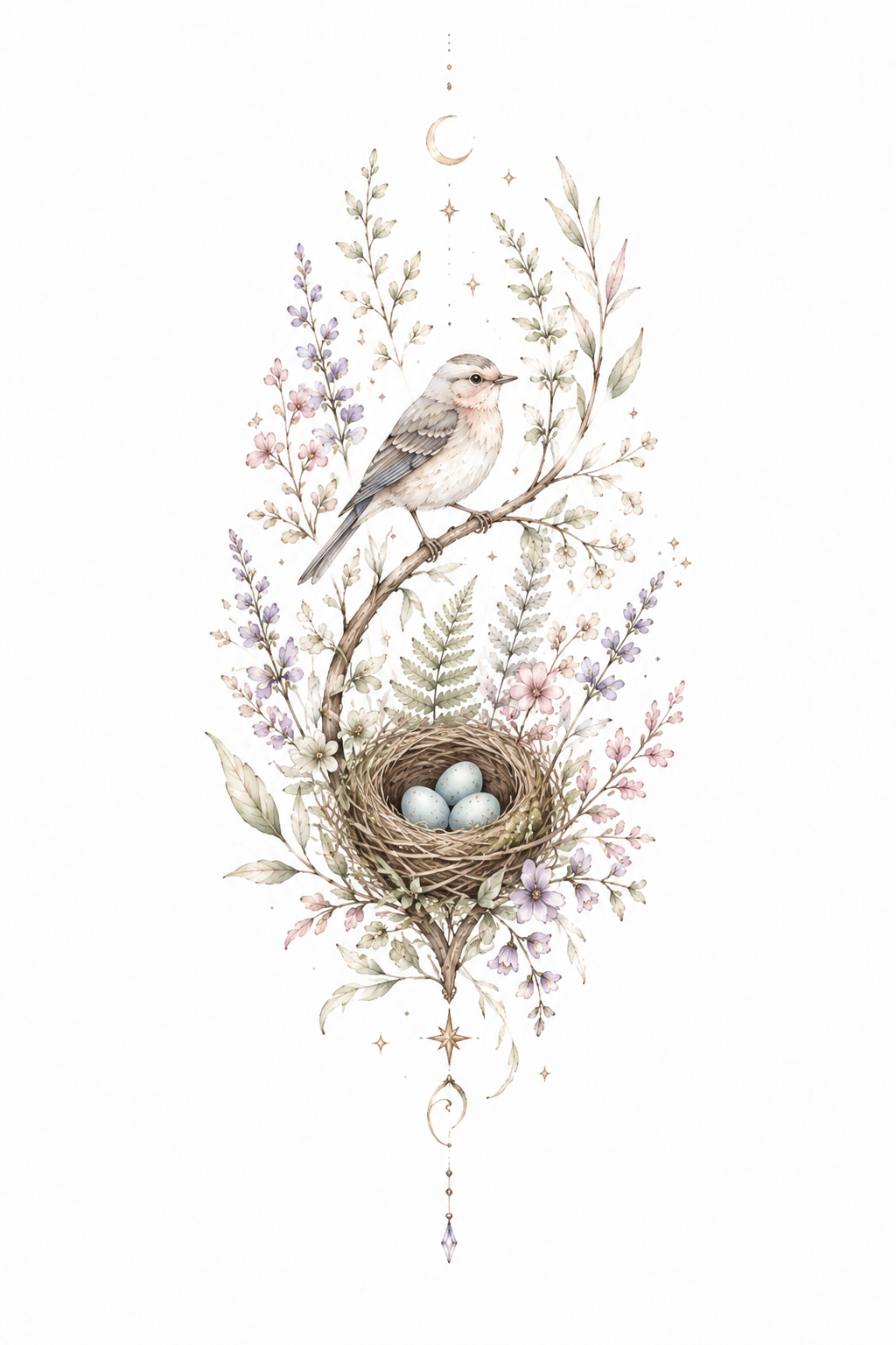 Nestled Promise bird, nest and woodland botanical artwork in Original Watercolor.