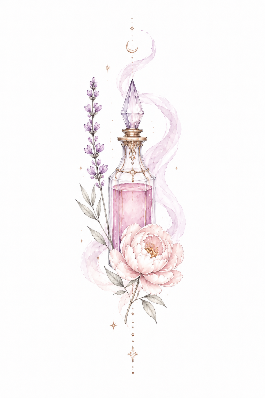 Petal Veil tall elixir bottle veiled in ribbons with lavender and a full peony in Original Watercolor.