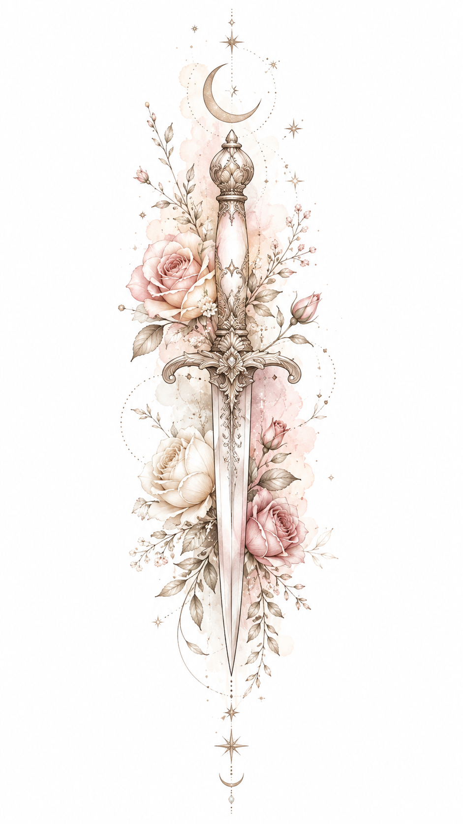 Rosekeeper ornamental sword entwined with roses beneath a crescent and stars in Original Watercolor.