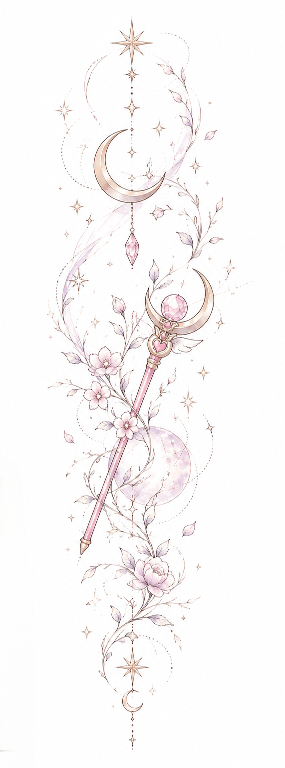 Moonpetal Scepter celestial scepter winding through blossoms beneath crescent moons in Original Watercolor.