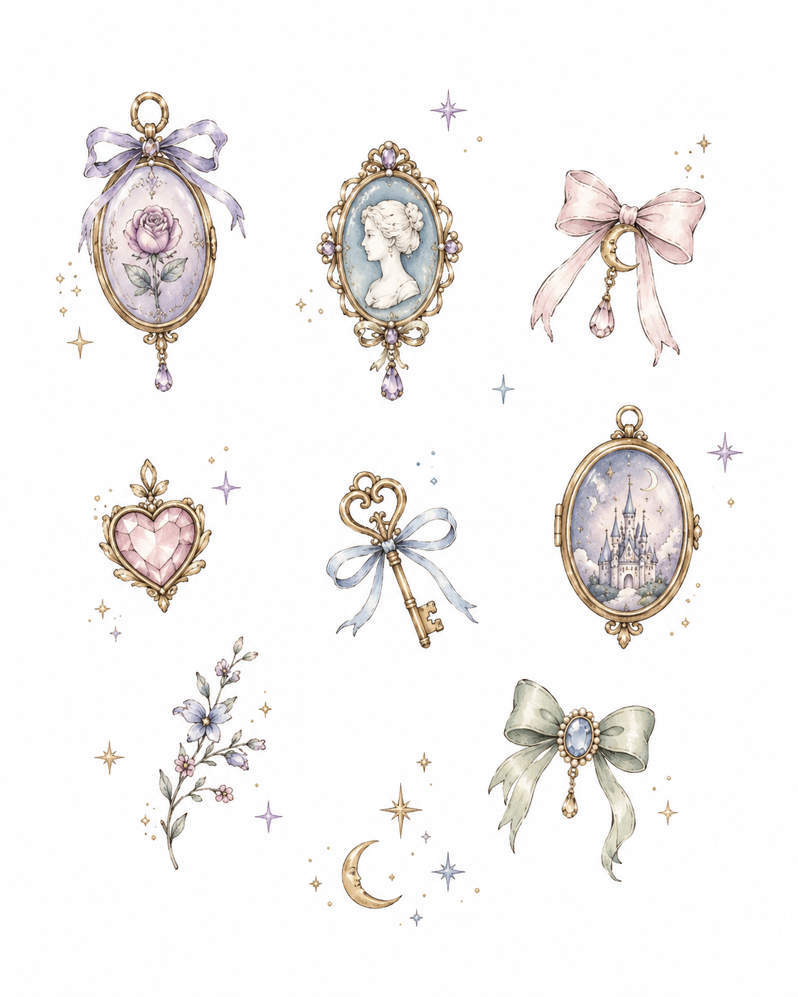 Gilded Keepsakes flash sheet of ornate storybook keepsakes in Original Watercolor.