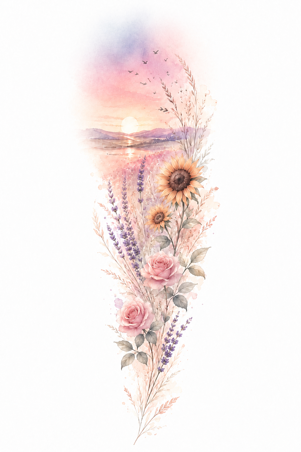 Blushing Horizon sunset horizon and wildflower design in Original Watercolor.