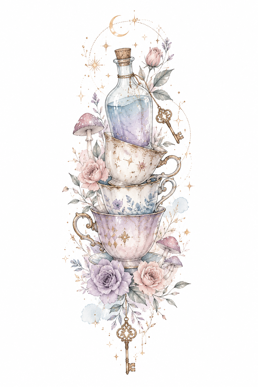 The Gilded Tea Tower tower of gilded teacups beneath a bottled celestial elixir with roses and antique keys in Original Watercolor.