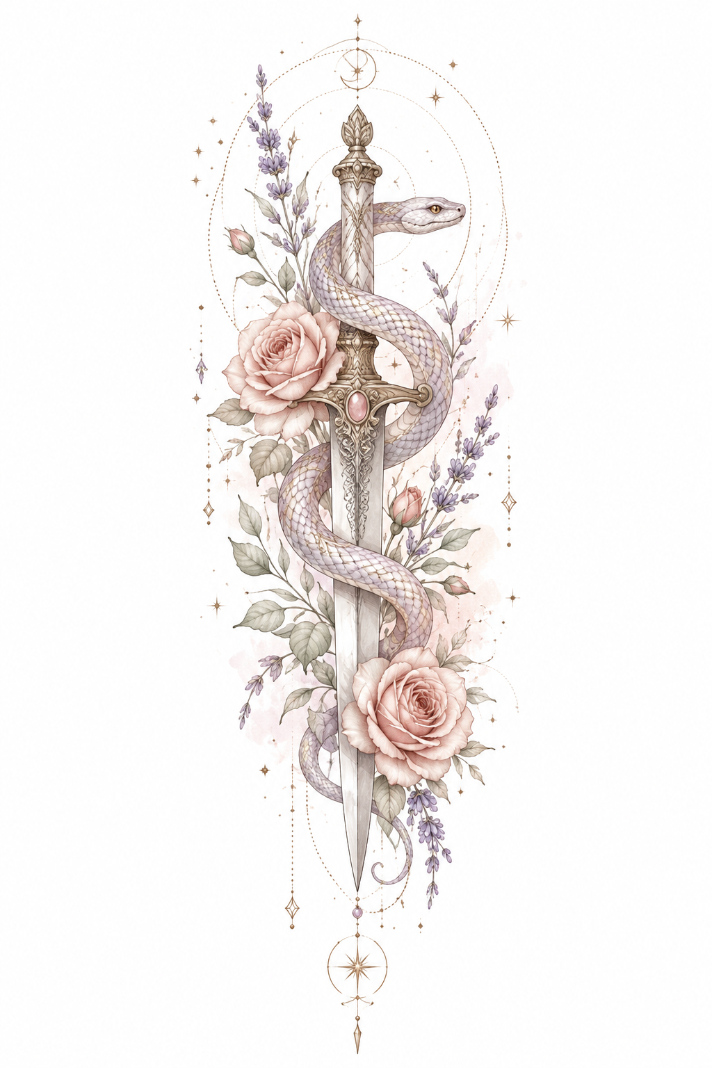 Thorned Grace serpent coiled around an ornamental sword among roses, lavender and stars in Original Watercolor.