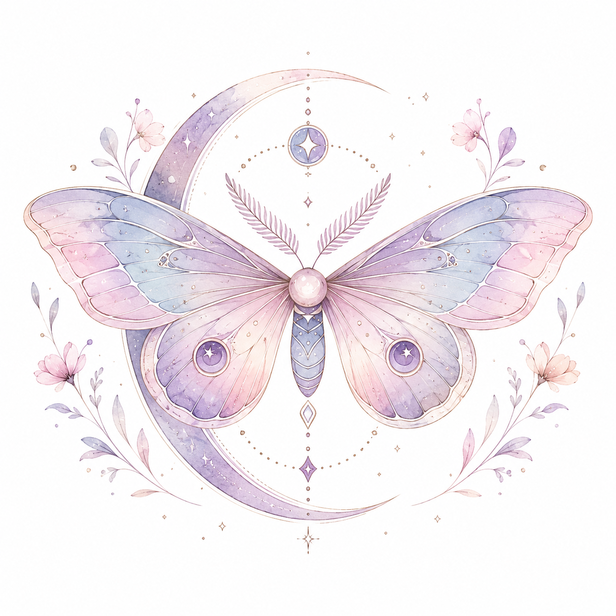 Velvet Eclipse moth and crescent eclipse design in Original Watercolor.