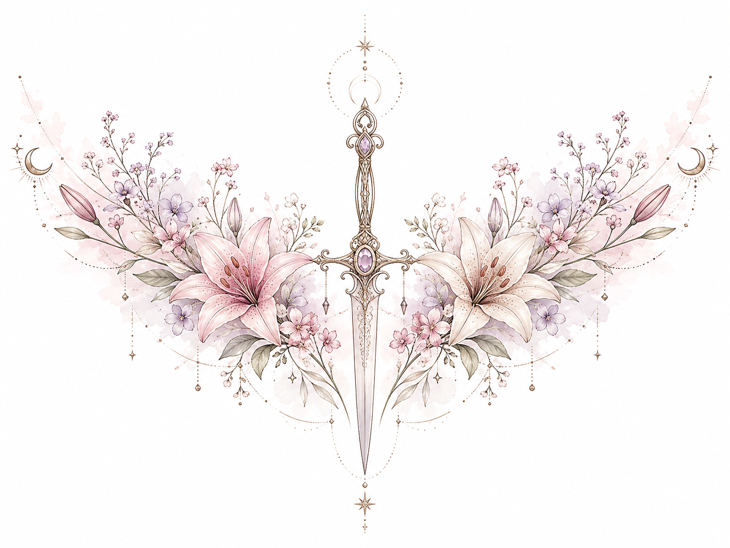 Lily Vow crescent-crowned dagger between sweeping lilies and blossom garlands in Original Watercolor.