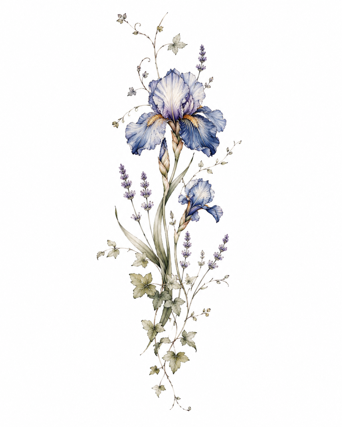 Indigo Flourish bearded iris, lavender and trailing ivy design in Original Watercolor.