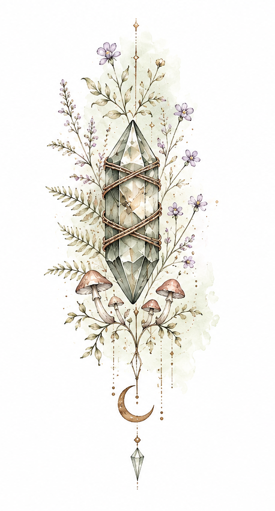 Forestbound bound crystal and woodland botanical artwork in Original Watercolor.