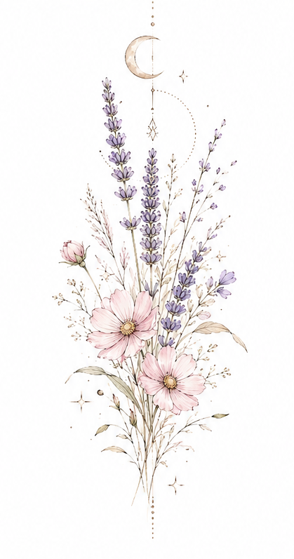 Lavender Crescent lavender, cosmos and crescent moon design in Original Watercolor.
