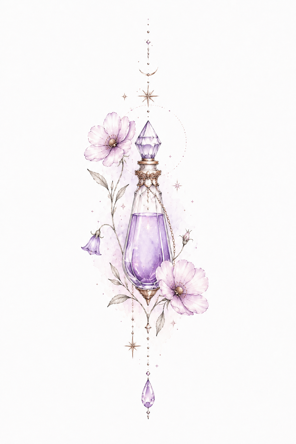 Amethyst Bloom amethyst elixir bottle with cosmos blooms and celestial drops in Original Watercolor.