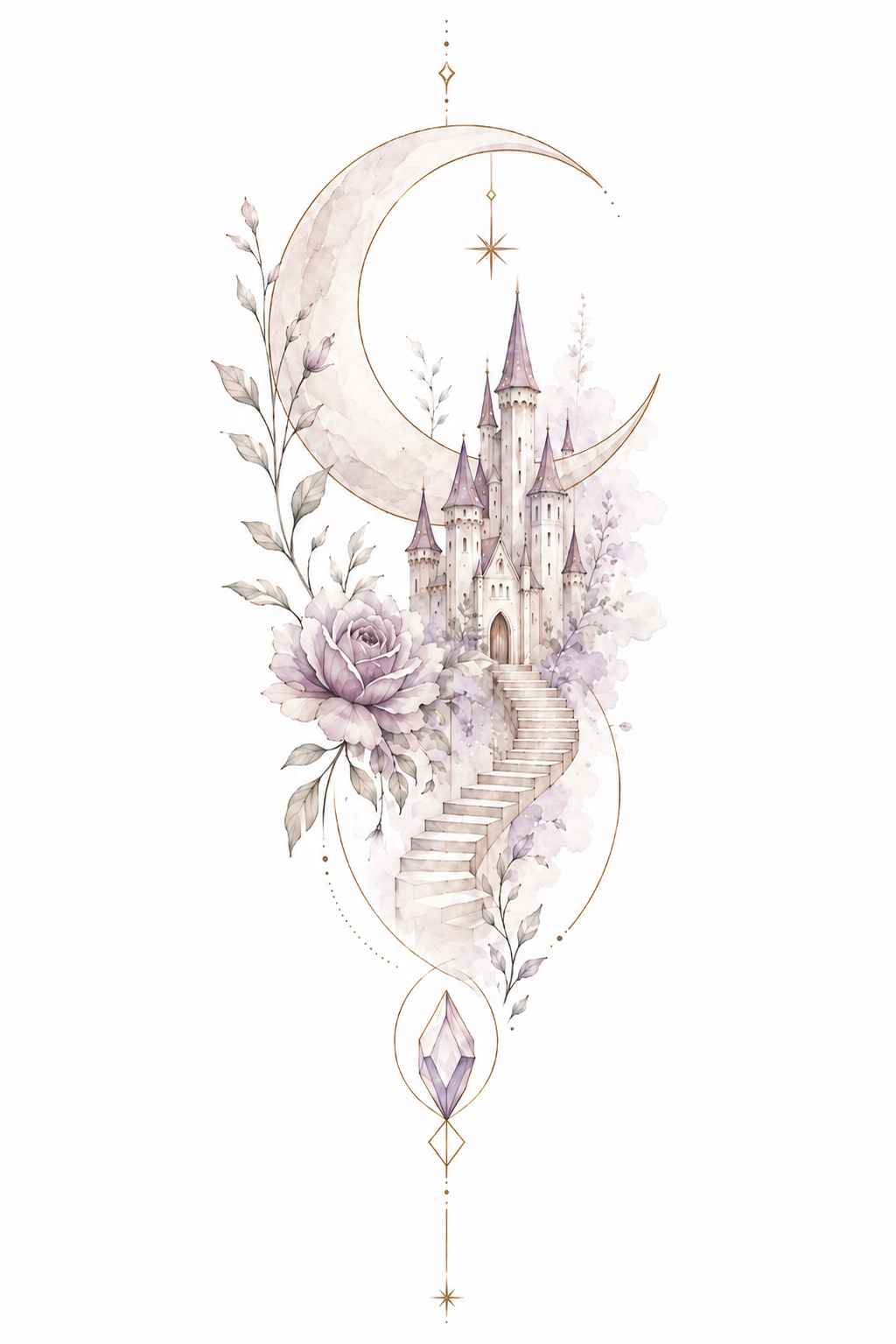 Stairway to Everafter winding stairway to a storybook castle beneath a crescent moon in Original Watercolor.