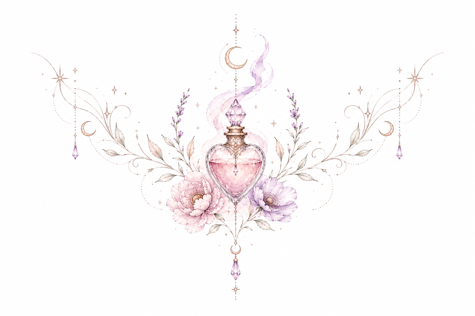 Heartspell heart-shaped elixir bottle with sweeping blooms and celestial drops in Original Watercolor.