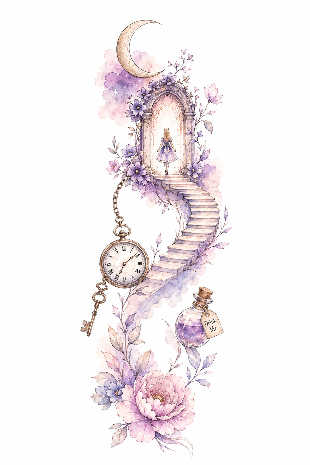 Beyond the Moonlit Door winding stairway to a flower-framed portal beneath a crescent moon in Original Watercolor.