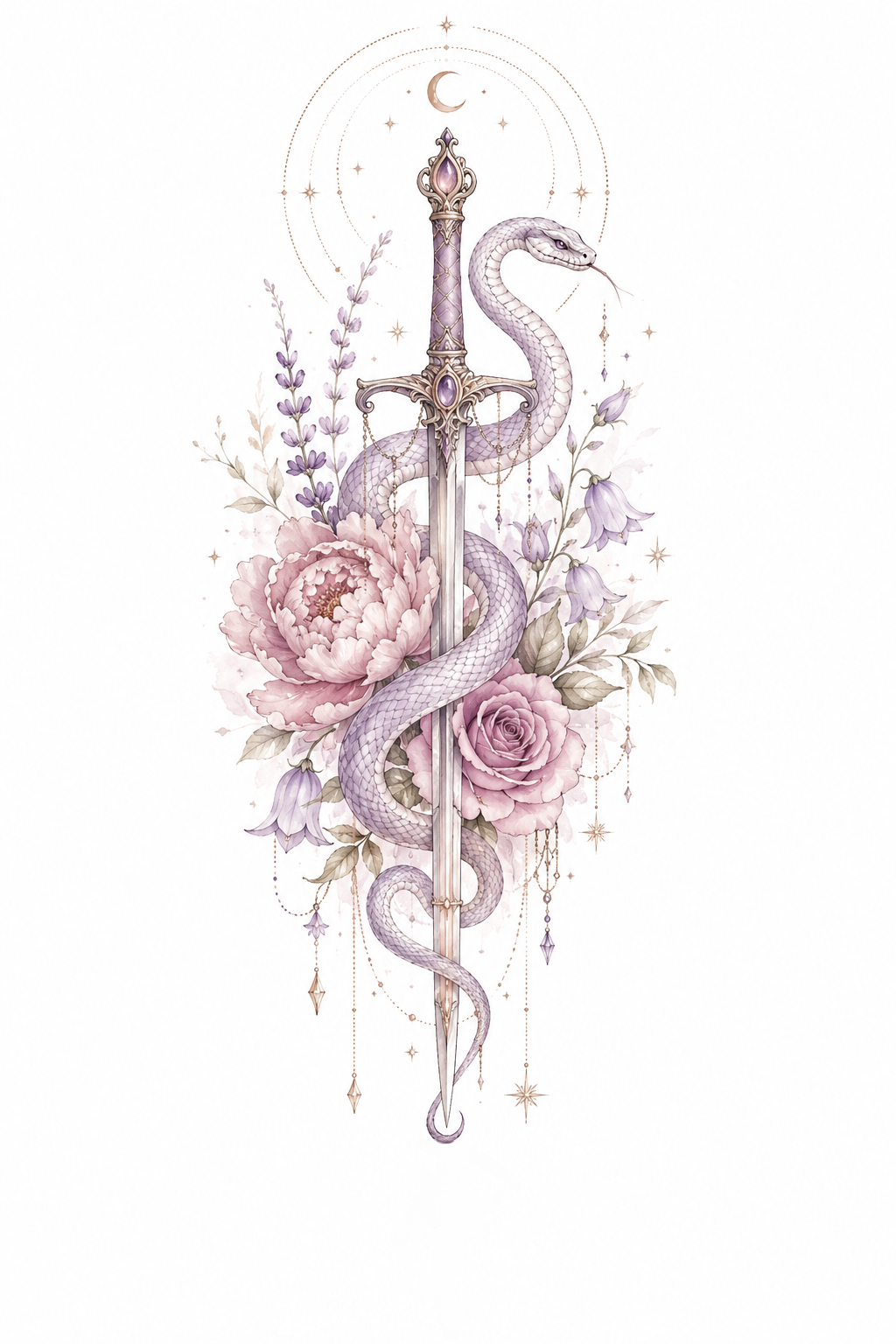 Velvet Fang serpent entwined around an ornate sword among peonies, roses and lavender in Original Watercolor.