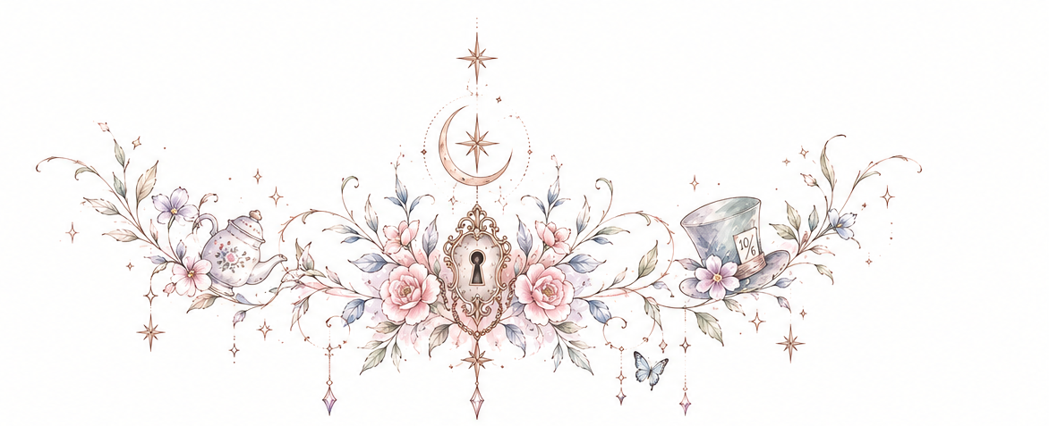 Garden Under Lock & Moon ornate keyhole within an enchanted garden of roses, a teapot, a whimsical hat and a crescent moon in Original Watercolor.