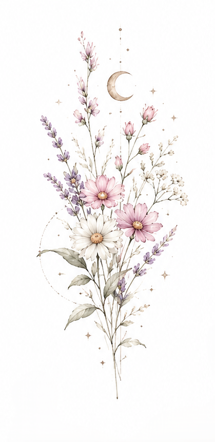 Moonpetal Waltz daisy, cosmos and lavender bouquet design in Original Watercolor.